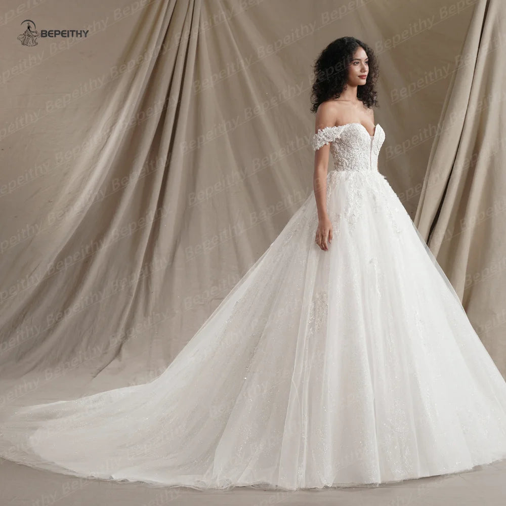 BEPEITHY Customized Plus Size Glitter Princess Wedding Dresses For Women 2026 Off Shoulder Ivory Bride Sleeveless Bridal Gown