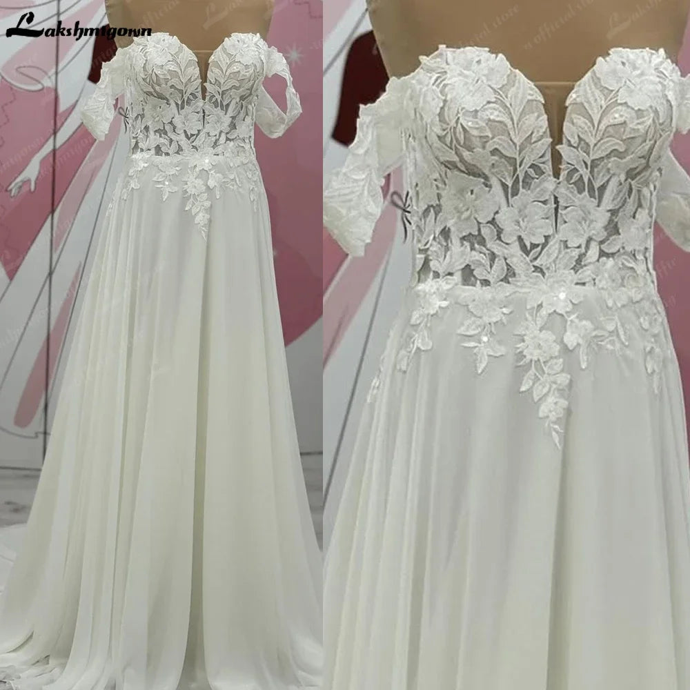Lakshmigown Lace Chiffon Beach Off Shoulder Wedding Dress Cap Sleeve Wedding Party Gown Customized Robe Sirene Mariage