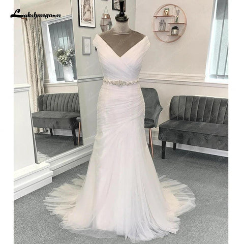 Vestidos de noiva de cerimónia com tule e pregas sereia, com cinto de contas e ombro de fora, branco-claro, 2025 