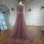 Serene Hill Pink V-neck Long Sleeves Beaded Evening Dress with Detachable Overskirt Party Gown for Women Customized DLA73156