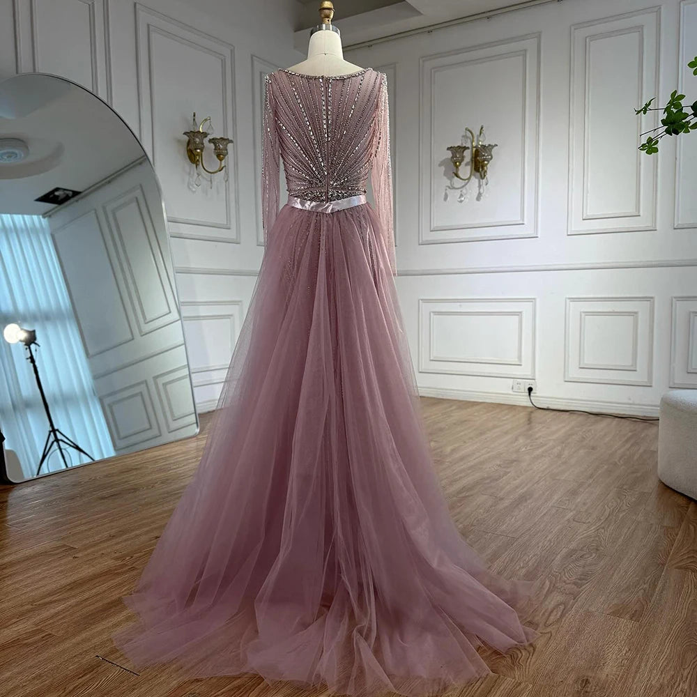 Serene Hill Pink V-neck Long Sleeves Beaded Evening Dress with Detachable Overskirt Party Gown for Women Customized DLA73156