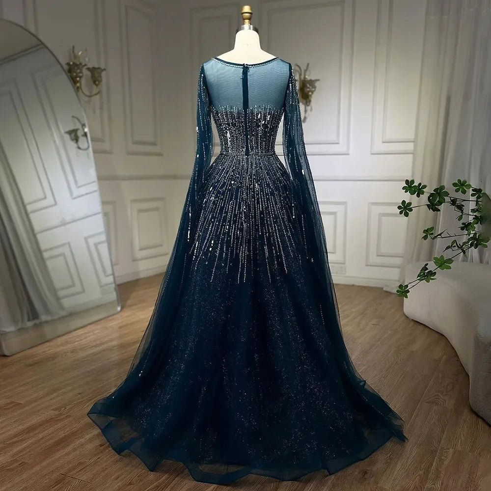 Serene Hill Blue Cape Sleeves A-Line Beaded Evening Dresses Customized Party Gowns for Women DLA72248A