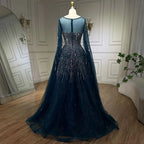 Serene Hill Blue Cape Sleeves A-Line Beaded Evening Dresses Customized Party Gowns for Women DLA72248A