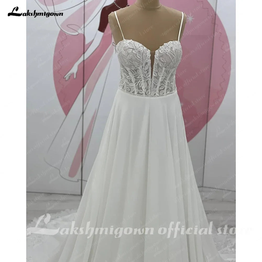 Lakshmigown Sweetheart A Line Wedding Dress Chiffon Spaghetti Straps Sweep Train Wedding Gown Customized Vestido De Noche