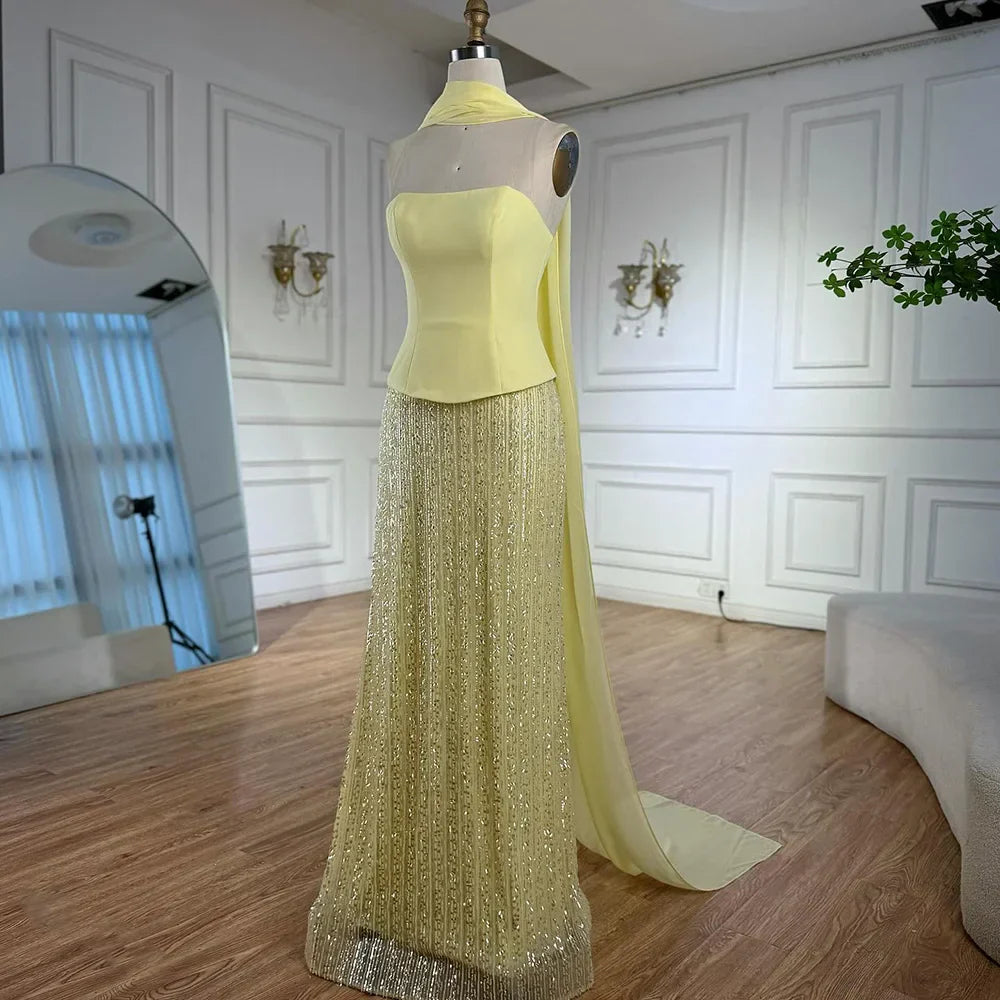 Vestido de Noite de Sereia em Chiffão Amarelo de Luxo com Capa LA73007