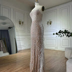 Serene Hill White Nude Spaghetti Strap Feathers Beaded Mermaid Evening Dress Party Gown for Women DLA72823 Customized