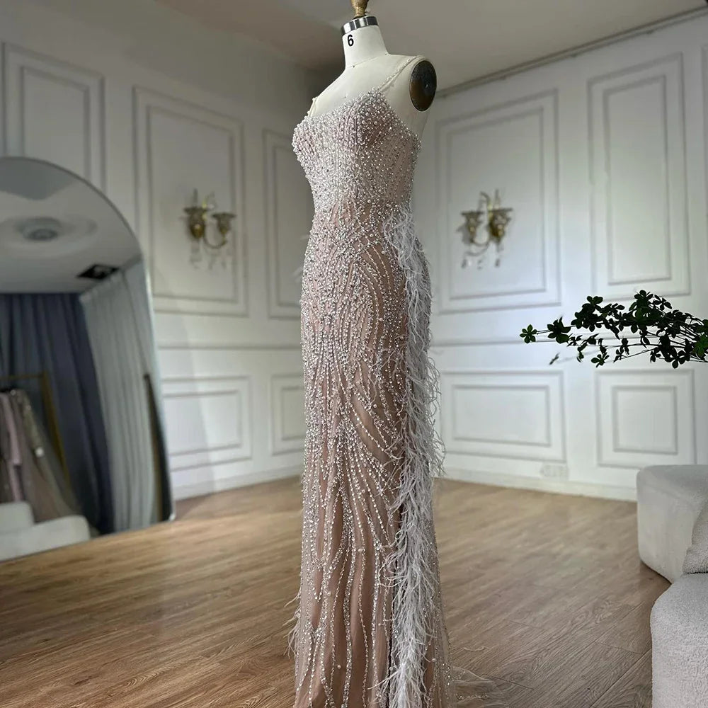 Serene Hill White Nude Spaghetti Strap Feathers Beaded Mermaid Evening Dress Party Gown for Women DLA72823 Customized