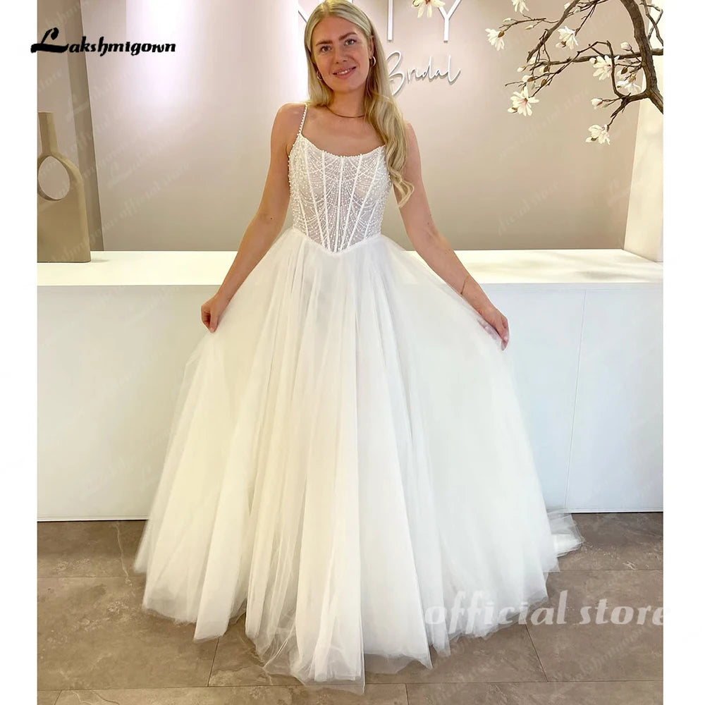 Lakshmigown Spaghetti Straps Wedding Dress for Women Pearls Beads Scoop Neck Tulle A-line Vestidos De Novia Customized