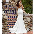 Lakshmigown Long Crepe Sqaure Collar Wedding Dresses Mermaid Sweep Train Button Back Bridal Dress Customized vestido de noiva