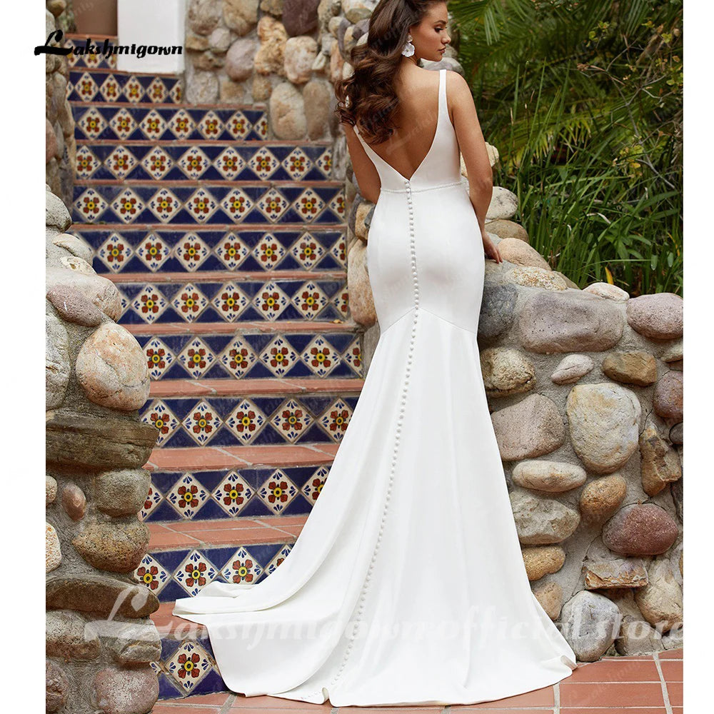 Lakshmigown Long Crepe Sqaure Collar Wedding Dresses Mermaid Sweep Train Button Back Bridal Dress Customized vestido de noiva