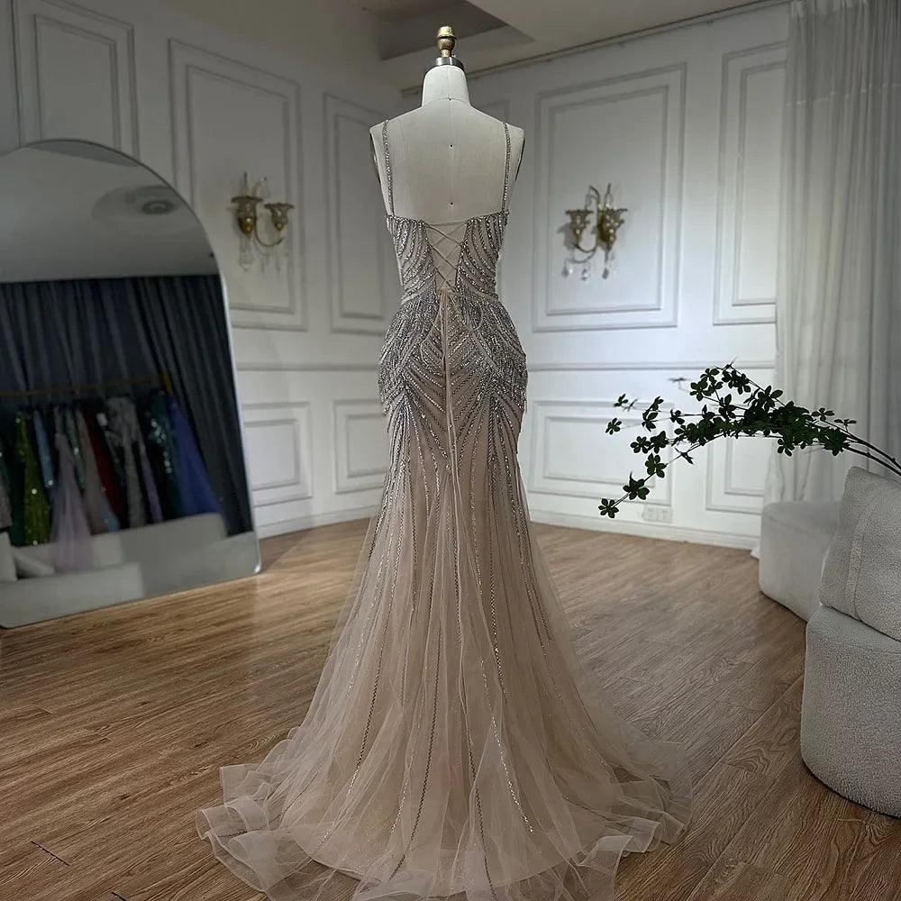 Serene Hill 2025 Elegant Silver Nude Spaghetti Strap Mermaid Evening Dress with  Beaded Tassels for Party DLA72772 Customized