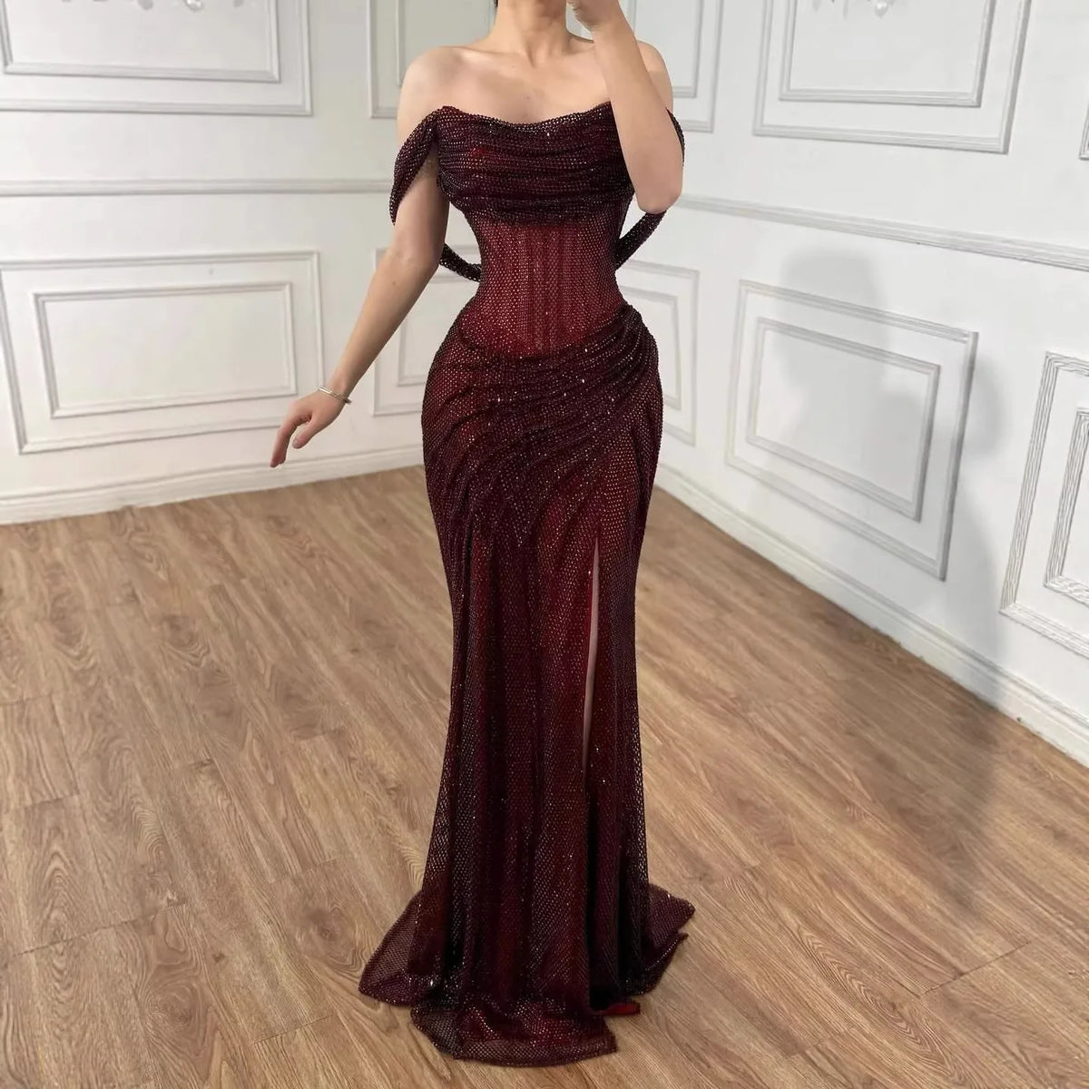 Serene Hill 2026 Silver Off Shoulder Mermaid Sparkle Evening Dress Elegant Wedding Party Gowns for Women Customized DLA73410