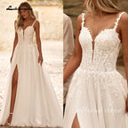 Lakshmigown Sexy Glitter Tulle Wedding Dress Spaghetti Straps V Neck Sequined Applique Split Bridal Dresses Customized