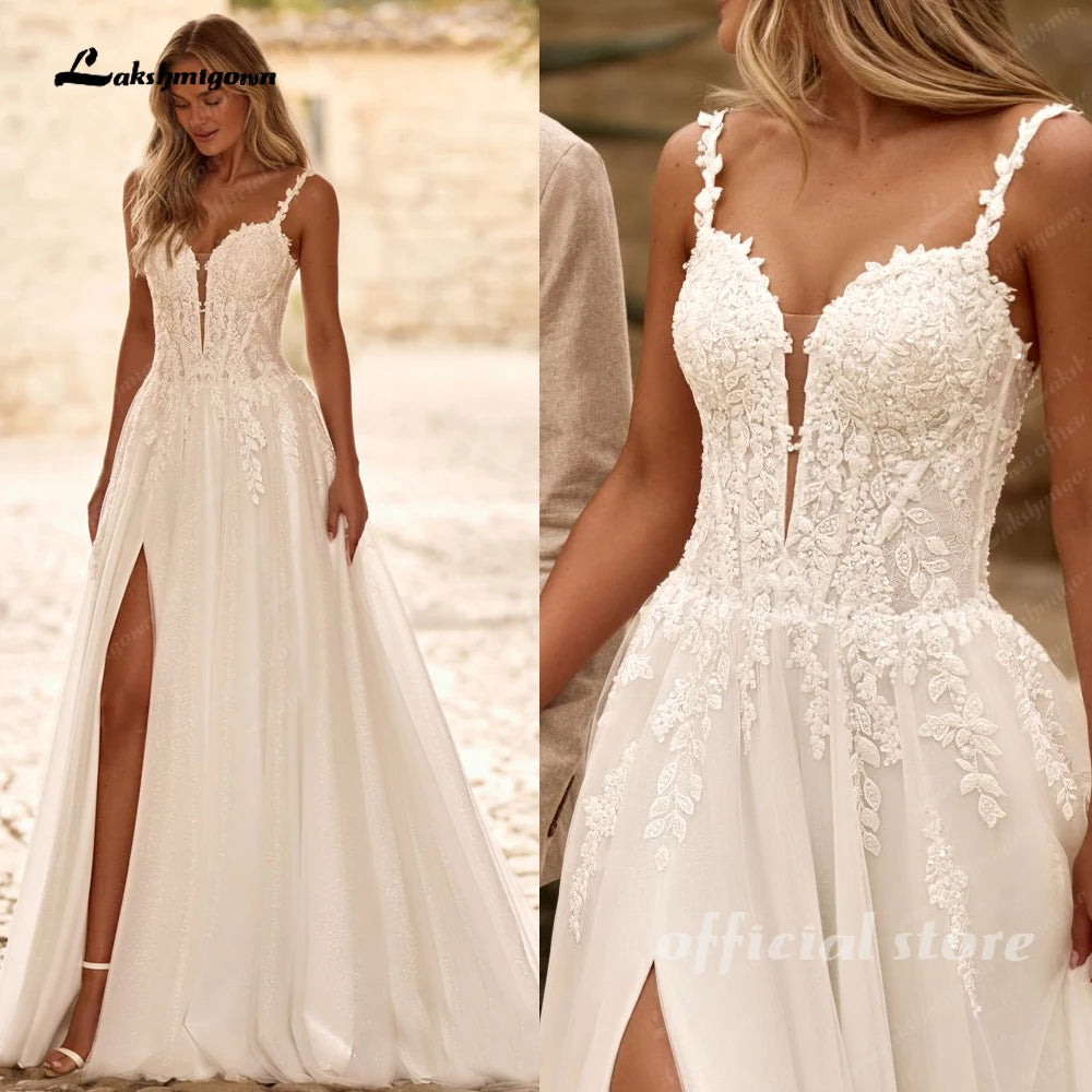 Lakshmigown Sexy Glitter Tulle Wedding Dress Spaghetti Straps V Neck Sequined Applique Split Bridal Dresses Customized