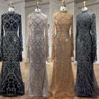 Customized Muslim Gray Mermaid Cape Sleeve Beaded Evening Dress Dubai Elegant Party Gowns for Women | Nightbubo