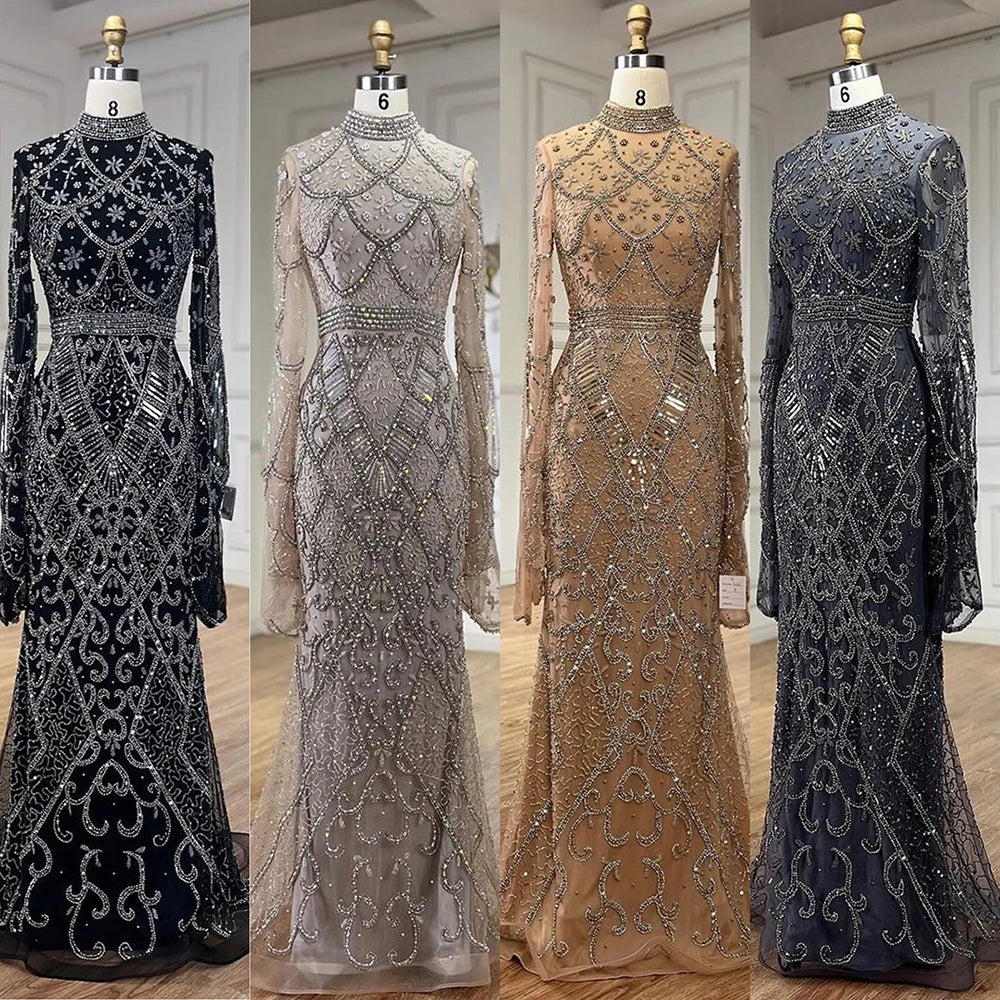 Serene Hill Customized Muslim Gray Mermaid Cape Sleeve Beaded Evening Dress Dubai Elegant Party Gowns 2025 for Women DLA72316