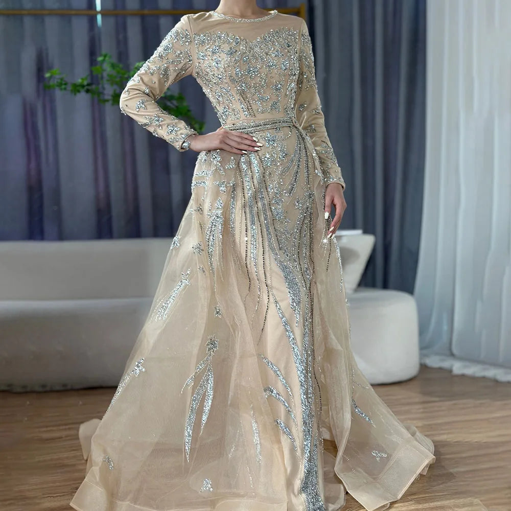 Serene Hill Customized Nude Long Sleeves Mermaid Beaded Muslim Evening Dresses Overskirt Dubai Party Gowns For Women DLA71943