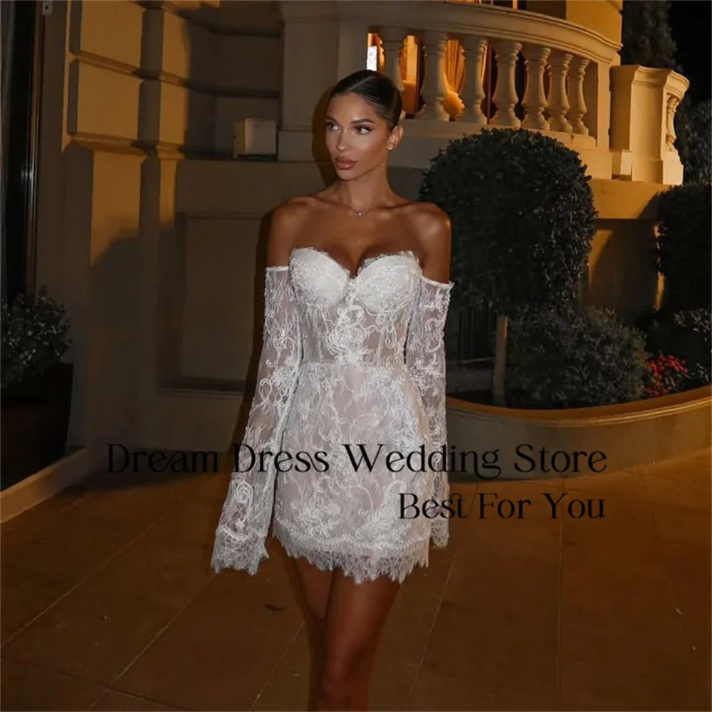 DREAM Lace Sweetheart Sheath Short Wedding Dress Women 2025 Long Sleeve Off The Shoulder Bridal Gown Vestido De Novia Customized