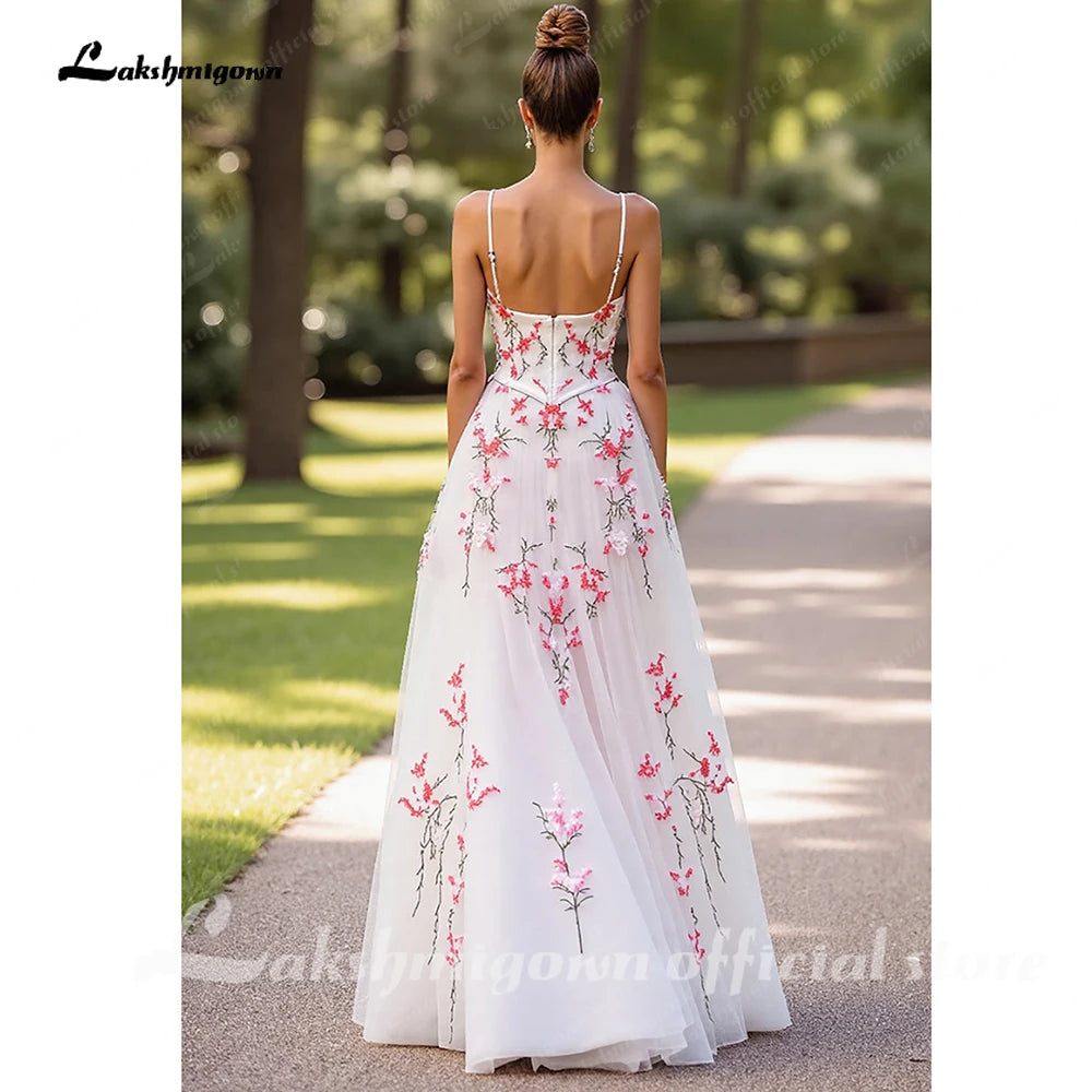 Lakshmigown Pink Floral Embroidery V-Neck Wedding Dress Spaghetti Straps A Line Wedding Gown Robe De Mariée Customized