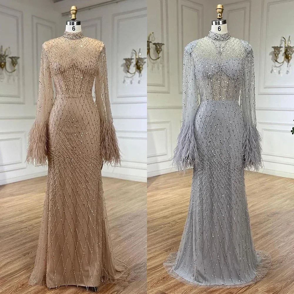 Serene Hill Nude High Neck Long Sleeves Feathers Mermaid Beaded Evening Dress Party Gowns for Women DLA72394 Customized