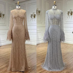 Serene Hill Nude High Neck Long Sleeves Feathers Mermaid Beaded Evening Dress Party Gowns for Women DLA72394 Customized