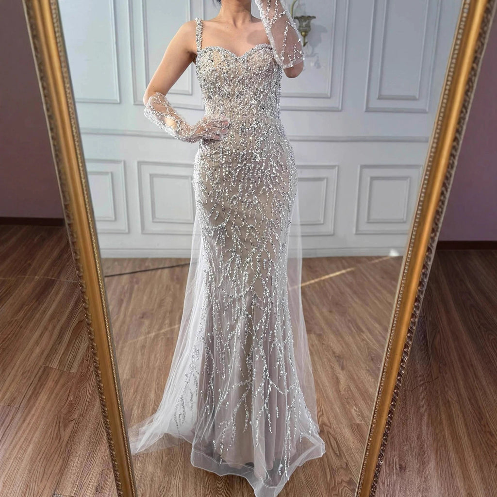 Serene Hill White Nude Mermaid Pearls Evening Dresses with Gloves Wedding Party Gowns for Women 2026 Customized DLA72345E