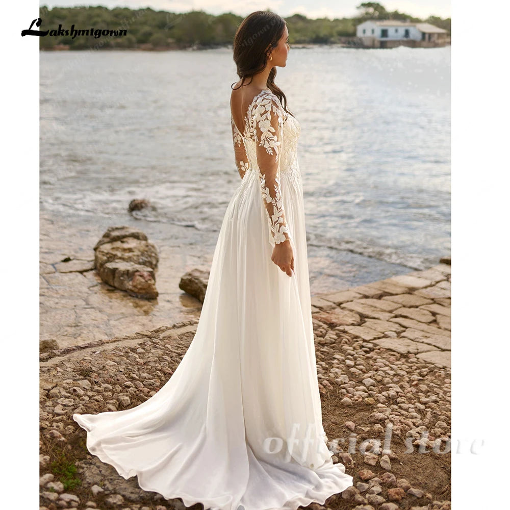 Lakshmigown Boho Beach V-Neck Lace Chiffon Wedding Dress for Women A-Line Sweep Train Long Sleeves Bride Gown Vestido Customized