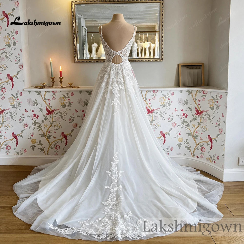 Lakshmigown Spaghetti Straps A‑Line Wedding Dress Deep V‑Neck Leaf Lace Appliques Beaded Tulle Bridal Gown Cut‑Out  Customized
