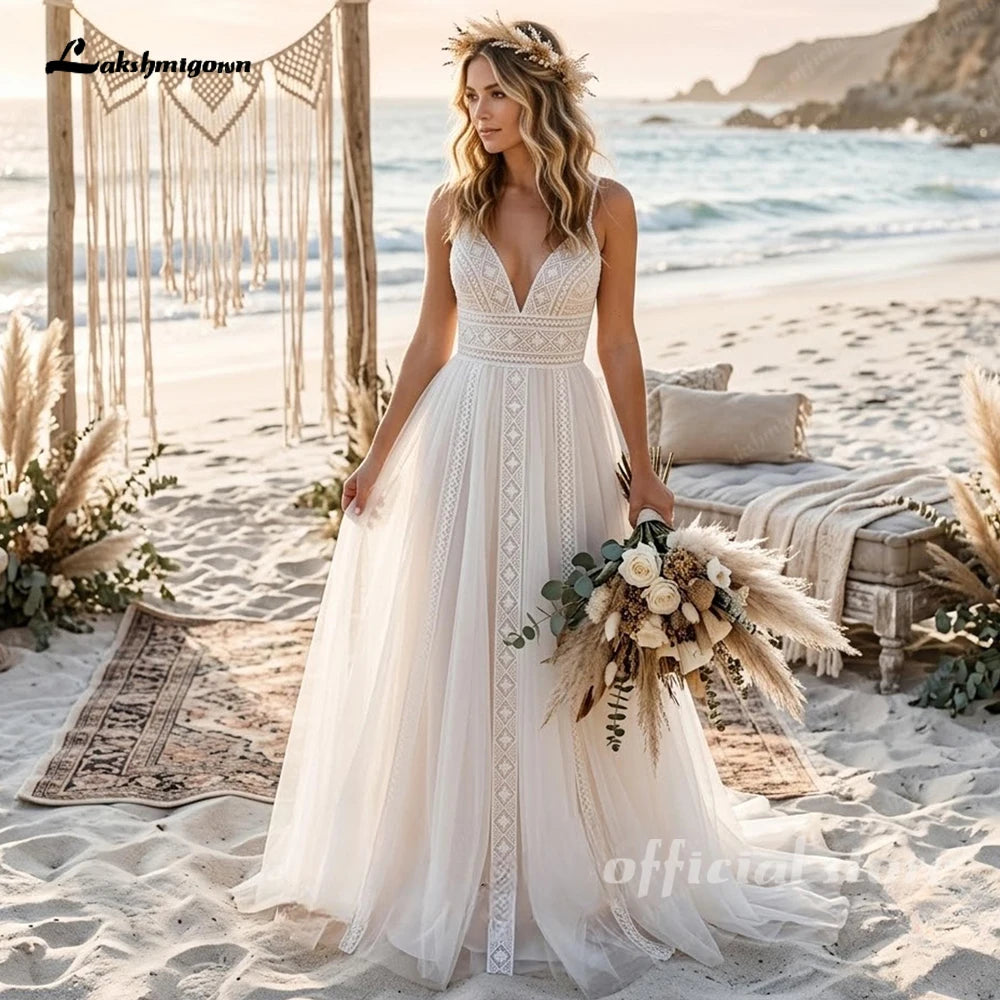 Lakshmigown Boho Spaghetti Straps Wedding Dresses Cheap Sexy Bride Lace Beach Wedding Gown V Neck  Customized