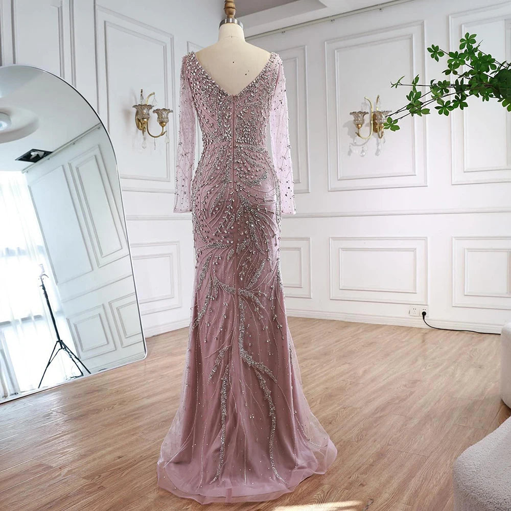 Serene Hill Pink V-neck Long Sleeves Mermaid Luxury Beaded Evening Dress 2026 Wedding Party Gowns DLA73191 Customized