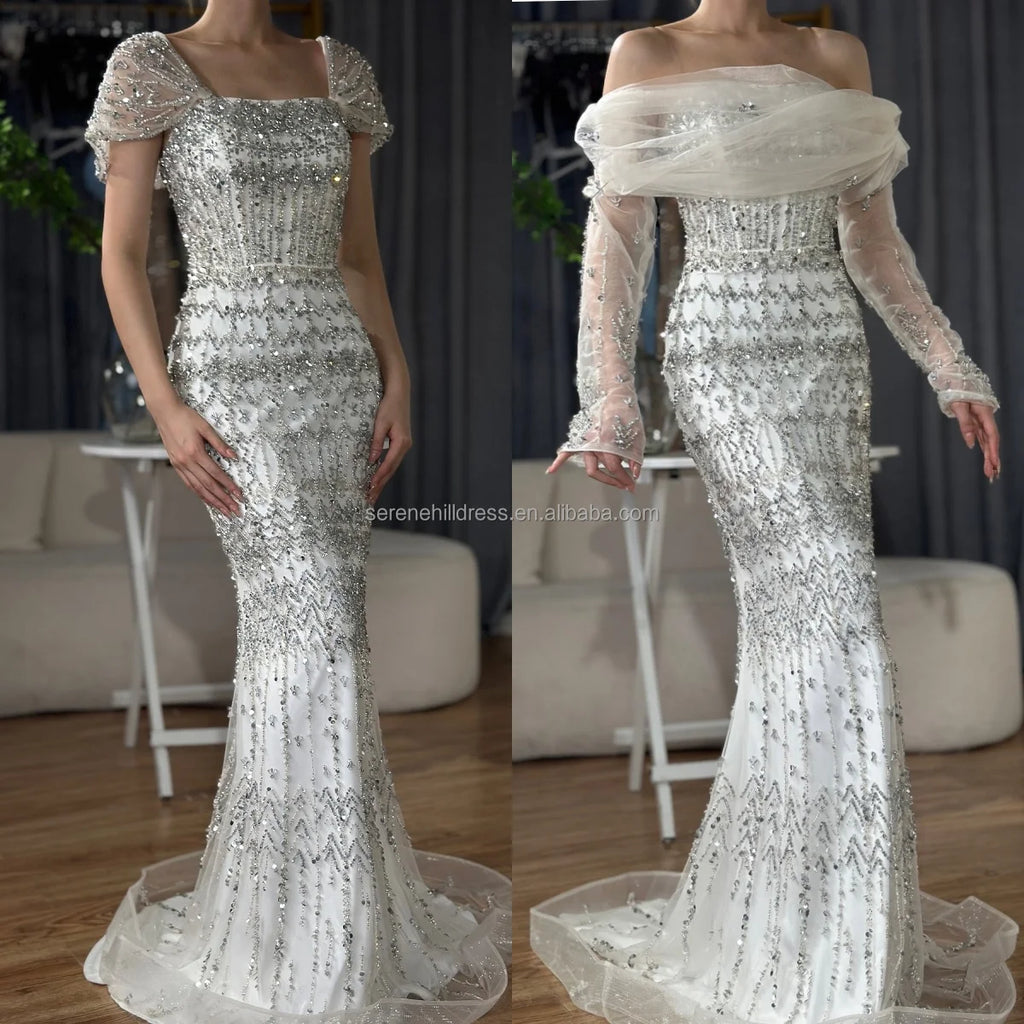 Serene Hill Blue Mermaid Beaded Evening Dresses with Detachable Sleeves Elegant Party Gowns for Women DLA72714 Customized