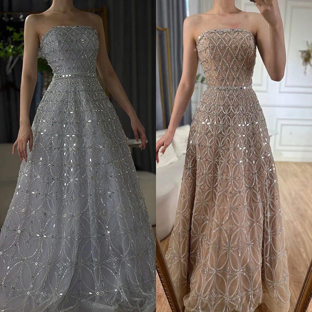 Serene Hill Customized 2026 Caramel Strapless A Line Beaded Evening Prom Dresses Elegant Party Gowns for Women DLA72755