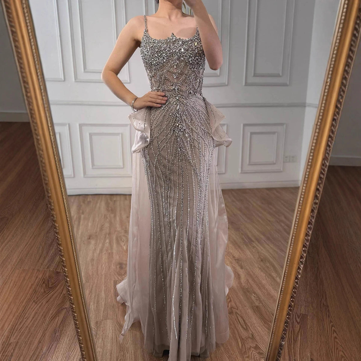 Serene Hill 2026 Luxury Caramel Crystal Beaded Spaghetti Strap Mermaid Evening Dress Gowns for Formal Party DLA72810A Customized