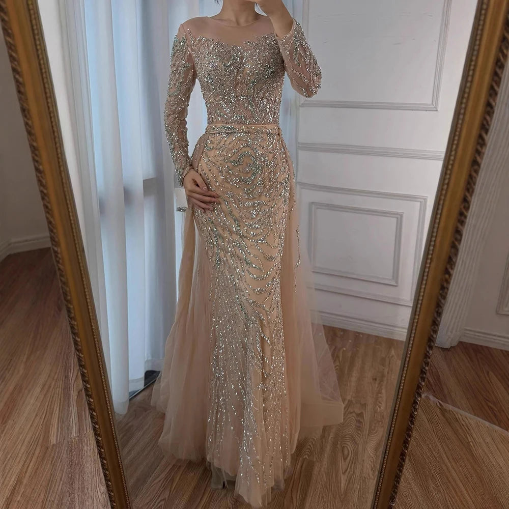 Serene Hill Nude Mermaid Long Sleeve Evening Dress with Overskirt Luxury Beaded Wedding Party Gown for Women Customized DLA71995