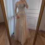 Serene Hill Nude Mermaid Long Sleeve Evening Dress with Overskirt Luxury Beaded Wedding Party Gown for Women Customized DLA71995