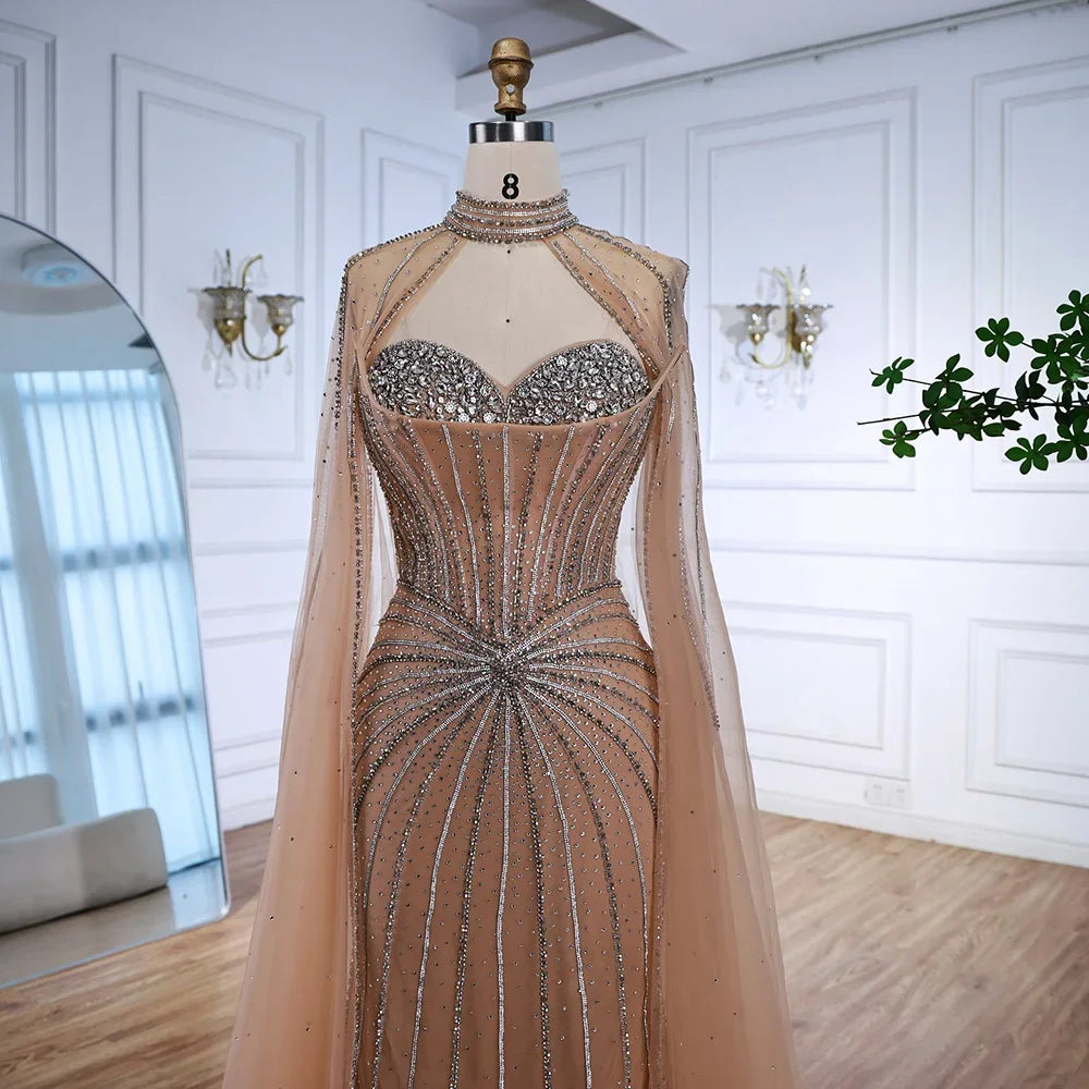 Luxury Nude Elegant Evening Gown Beaded Dress with Cape Sleeves for Formal Party Wear Serene Hill DLA72811A Customized