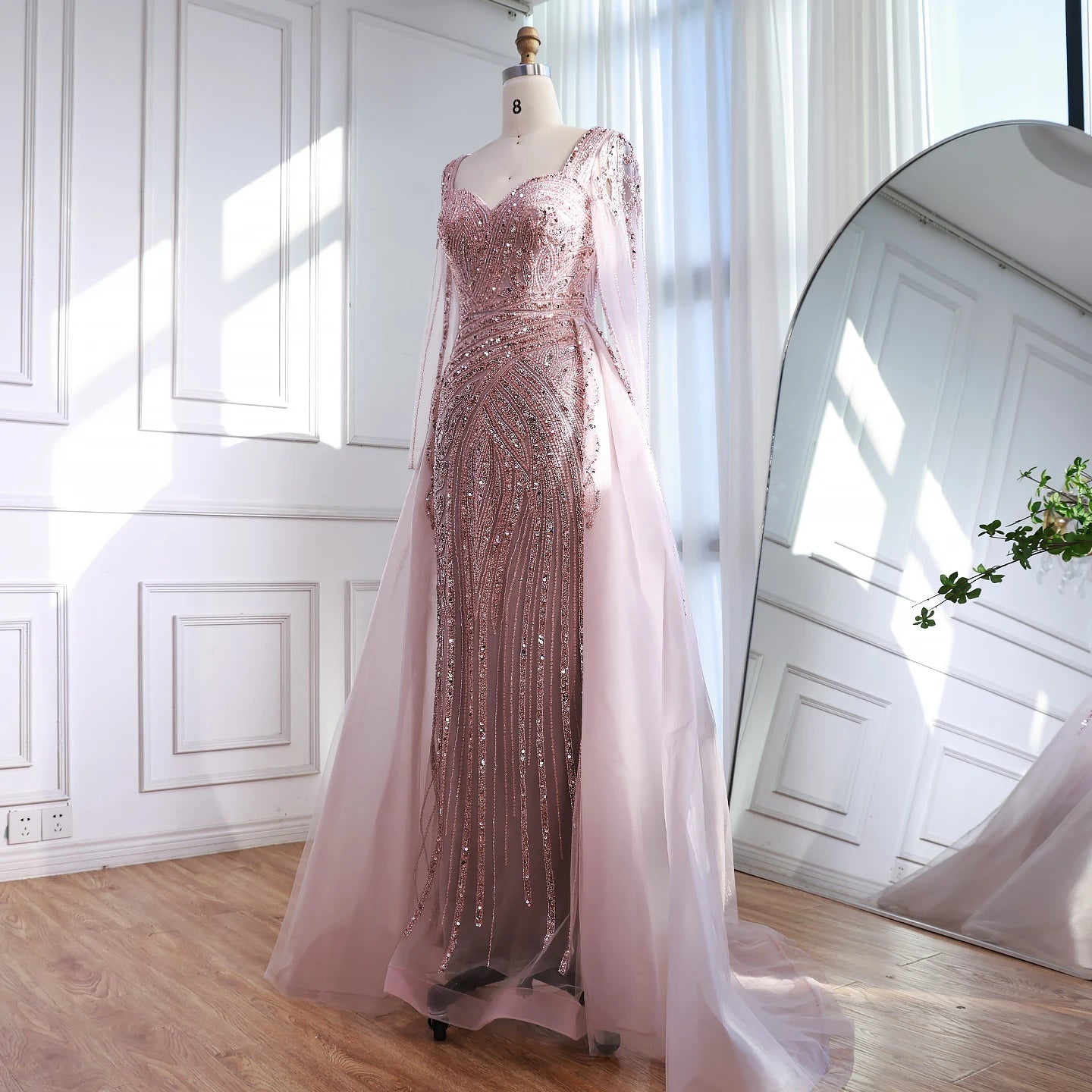 Serene Hill Black Long Sleeves Luxury Beaded Evening Dress Overskirt Formal Party Gowns for Women DLA73198 Customized