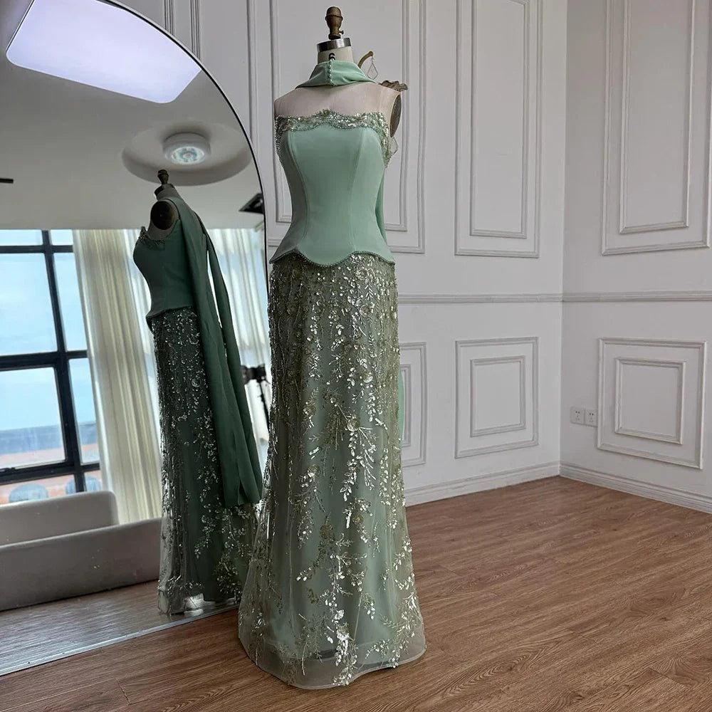 Vestido de Noite de Sereia com Contas Verde Sálvia de Luxo LA73050C