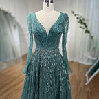 Serene Hill Customized Turquoise Muslim Long Sleeve A Line V-Neck Evening Dresses Beaded Party Gowns For Women 2025 DLA71940