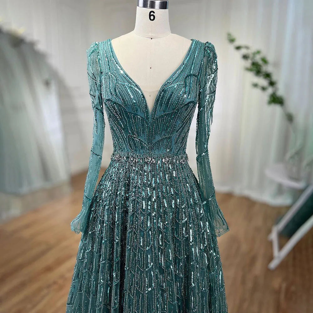Serene Hill Customized Turquoise Muslim Long Sleeve A Line V-Neck Evening Dresses Beaded Party Gowns For Women 2025 DLA71940