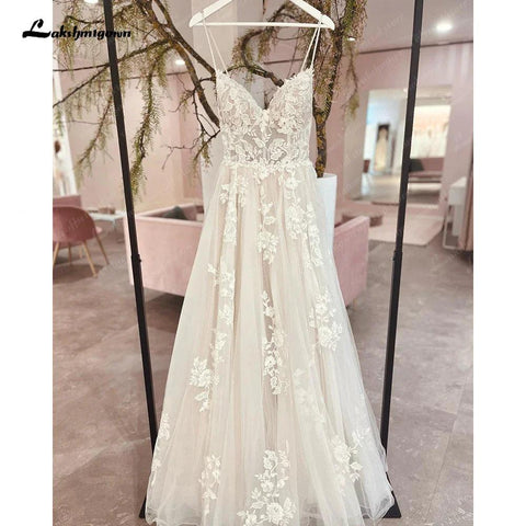Vestido de noiva NumberSea com alças finas 2025, robe longo e elegante, vestido de noiva para praia, aplicações de renda floral, robe de marie 