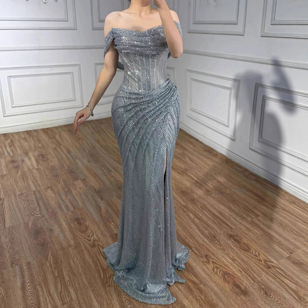 Serene Hill 2026 Silver Off Shoulder Mermaid Sparkle Evening Dress Elegant Wedding Party Gowns for Women Customized DLA73410