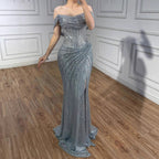 Serene Hill 2026 Silver Off Shoulder Mermaid Sparkle Evening Dress Elegant Wedding Party Gowns for Women Customized DLA73410