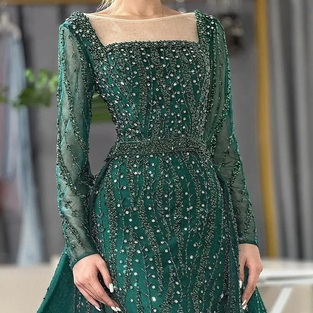 Serene Hill Customized Wine red Long Sleeves Mermaid Beaded Evening Dresses with Overskirt Party Gowns for Women DLA72710