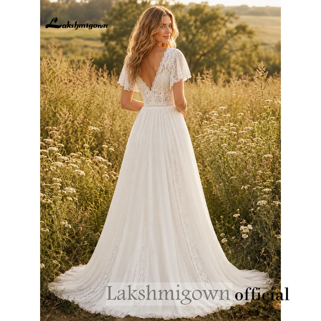 Lakshmigown Boho Beach Chiffon Wedding Dress Deep V‑Neck Flutter Short Sleeves Lace Appliques A‑Line Bridal Gown Customized