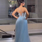 Serena Collina  Abito da Ballo Spaghetti Strap Blu Scollato Asimmetrico a Linea A 2025 LA72589