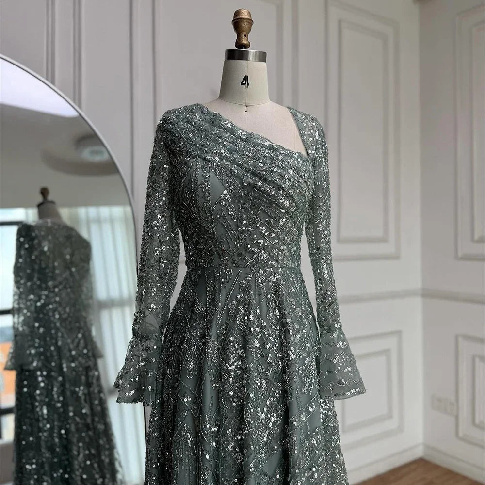 Serene Hill Turquoise Long Sleeves A Line Pearls Beaded Evening Dresses Elegant Party Gowns for Women DLA73177 Customized