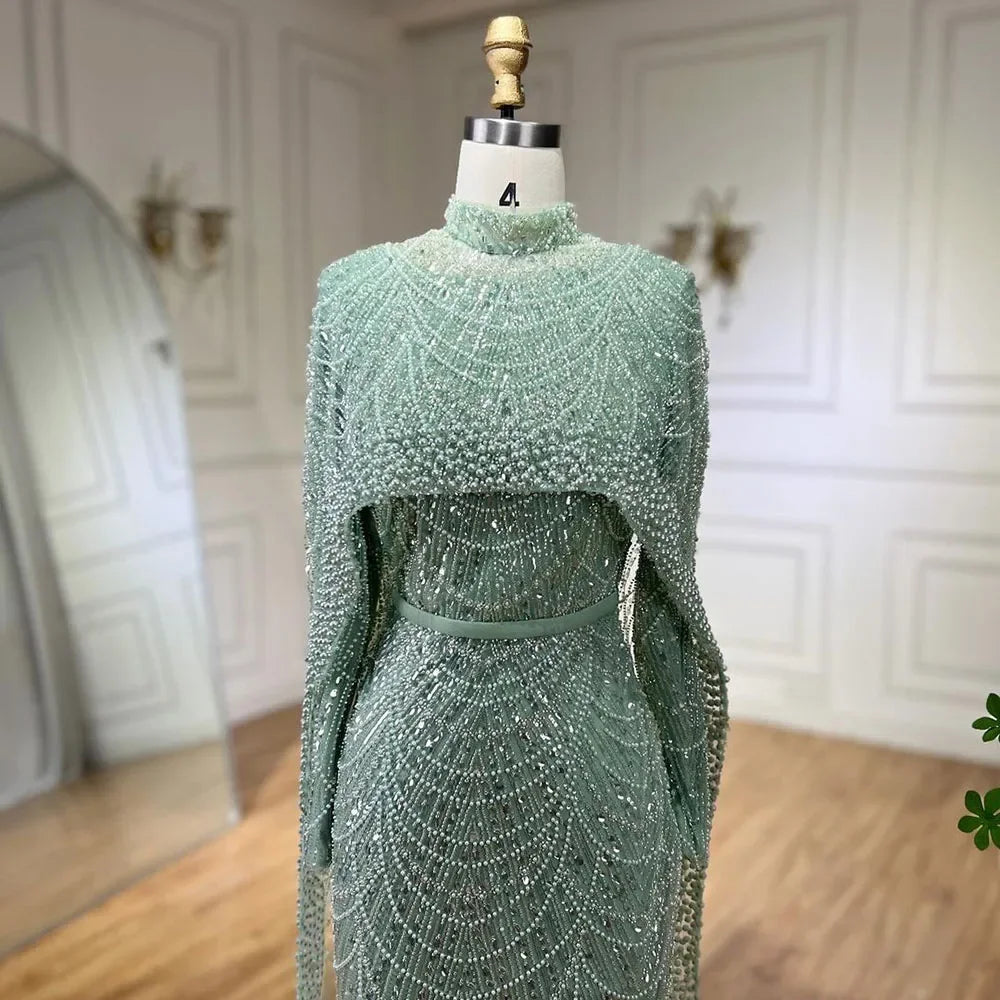 Serene Hill Customized Muslim Hijab Sage Green Long Sleeves Evening Dresses with Cape Dubai 2024 Party Gowns For Women LA72032M