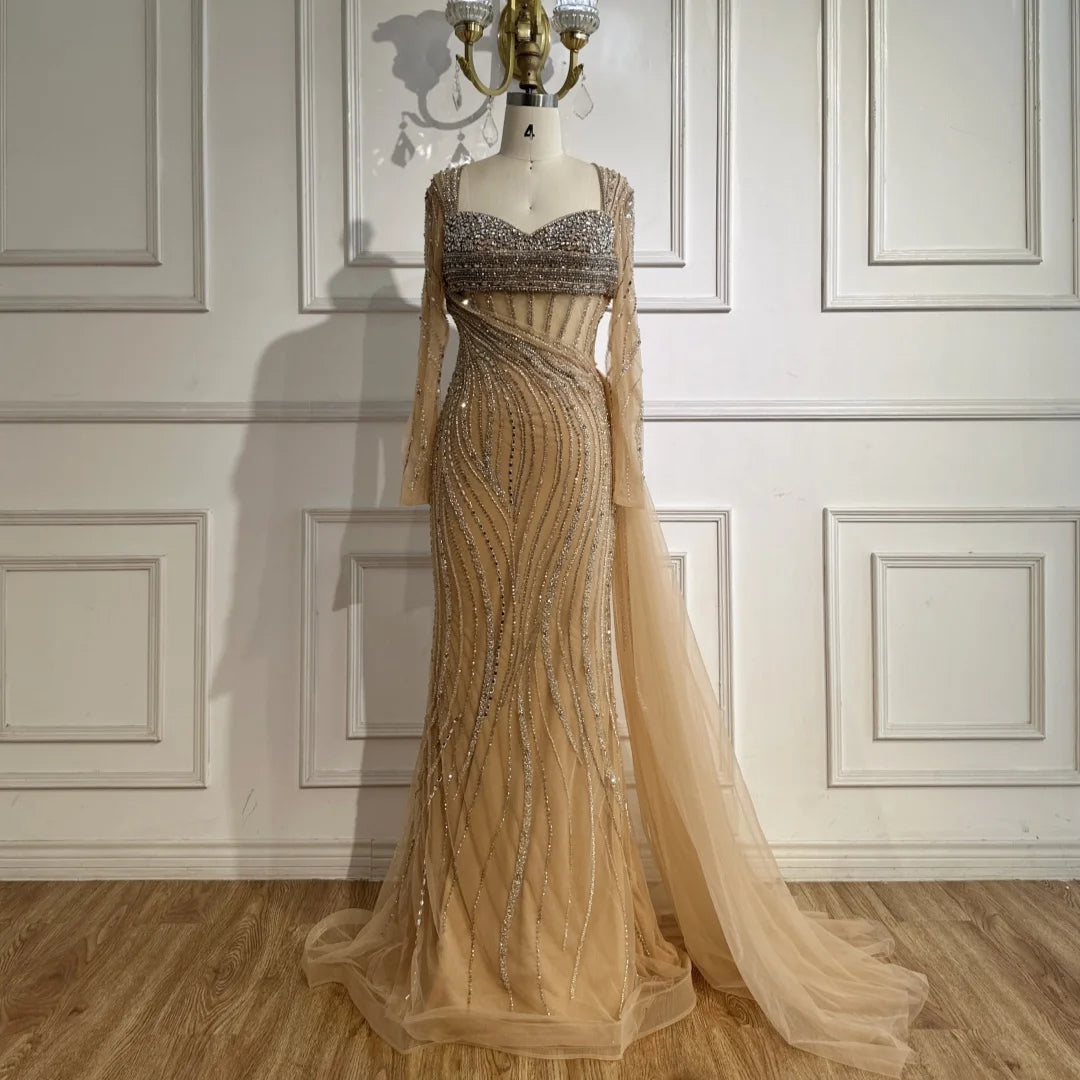 Serene Hill Nude Long Sleeves Beaded Evening Dresses with Skirt 2025 Party Gowns for Formal Occasion DLA72812 Customized