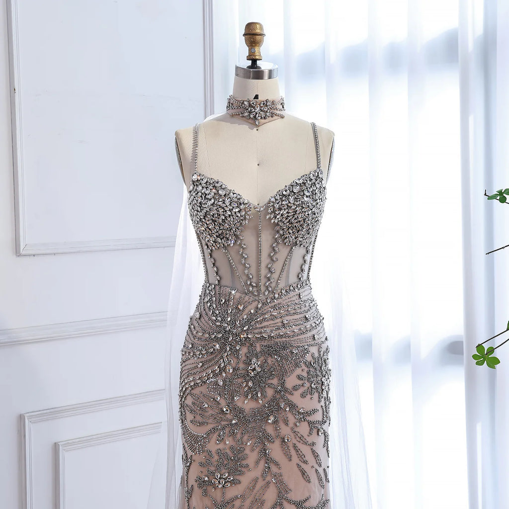 Serene Hill Silver Nude Mermaid Beaded Evening Dress with Cape DLA73342 Wedding Party Gowns for Women 2026 Customized